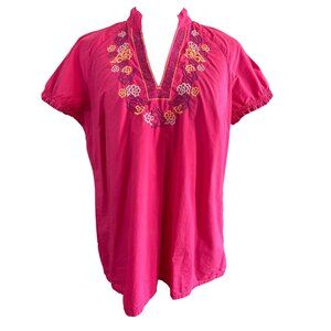 Esprit Embroidered Cotton Boho Blouse Vibrant Pink Floral V-Neck Top XXL